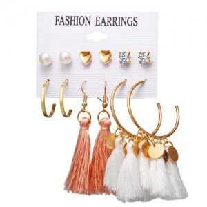Graceful Pink and White Cotton Threads Tassel and Hoops 6 pcs Women Costume Earrings Set