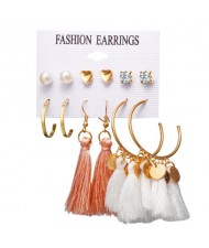 Graceful Pink and White Cotton Threads Tassel and Hoops 6 pcs Women Costume Earrings Set