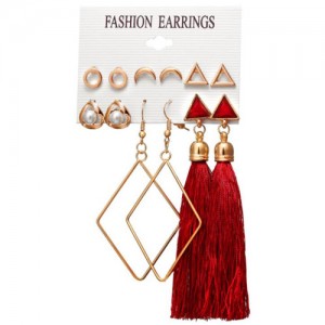 Red Cotton Threads Tassel Dangling Rhombus and Triangles Design 6 pcs Fashion Earrings Set