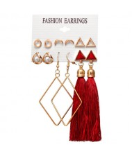 Red Cotton Threads Tassel Dangling Rhombus and Triangles Design 6 pcs Fashion Earrings Set