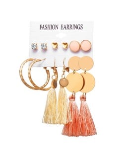 Pink Cotton Threads Tassel Rounds and Hoops Design 6 pcs Women Fashion Earrings Set