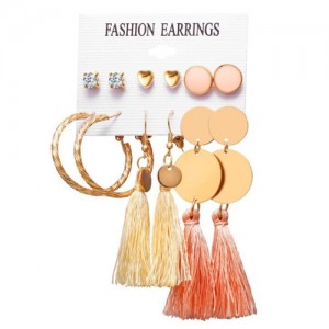 Pink Cotton Threads Tassel Rounds and Hoops Design 6 pcs Women Fashion Earrings Set