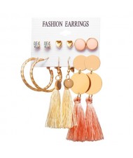 Pink Cotton Threads Tassel Rounds and Hoops Design 6 pcs Women Fashion Earrings Set