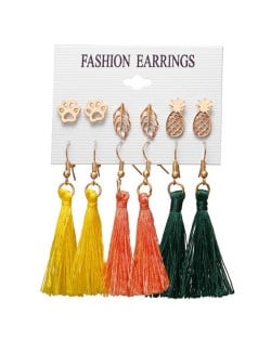 Multicolors Cotton Threads Tassel Pineapple and Leaves Design 3 pcs Women Fashion Earrings Set