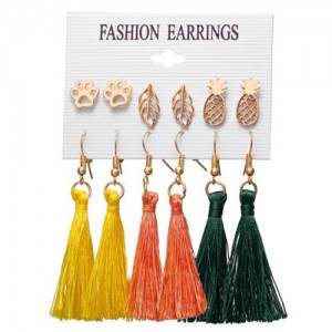 Multicolors Cotton Threads Tassel Pineapple and Leaves Design 3 pcs Women Fashion Earrings Set