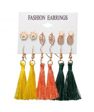 Multicolors Cotton Threads Tassel Pineapple and Leaves Design 3 pcs Women Fashion Earrings Set