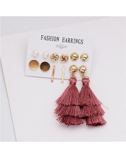 Layered Cotton Threads Tassel Leaves and Rounds Design 6 pcs Women Fashion Earrings Set