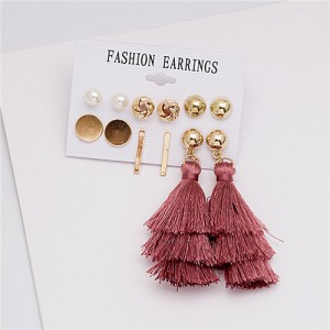Layered Cotton Threads Tassel Leaves and Rounds Design 6 pcs Women Fashion Earrings Set