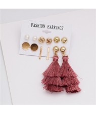 Layered Cotton Threads Tassel Leaves and Rounds Design 6 pcs Women Fashion Earrings Set