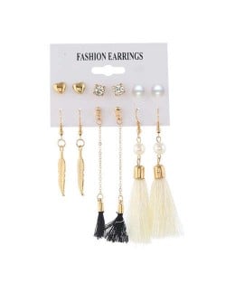 Dangling Leaves White and Black Cotton Threads Tassel 6 pcs Women Fashion Earrings Set