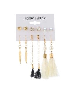 Dangling Leaves White and Black Cotton Threads Tassel 6 pcs Women Fashion Earrings Set