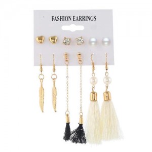 Dangling Leaves White and Black Cotton Threads Tassel 6 pcs Women Fashion Earrings Set