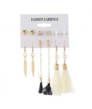 Dangling Leaves White and Black Cotton Threads Tassel 6 pcs Women Fashion Earrings Set