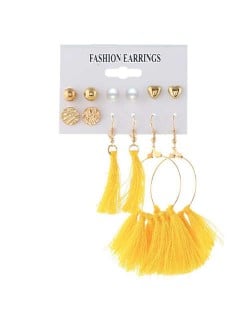 Dangling Hoop with Yellow Cotton Threads Tassel 6 pcs Women Fashion Earrings Set