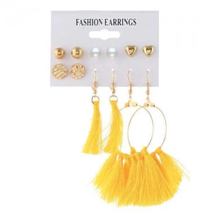 Dangling Hoop with Yellow Cotton Threads Tassel 6 pcs Women Fashion Earrings Set