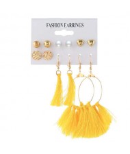 Dangling Hoop with Yellow Cotton Threads Tassel 6 pcs Women Fashion Earrings Set