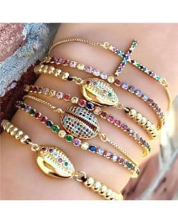 Colorful Cubic Zirconia Inlaid Seashell and Cross Elements 18K Gold Plated Fine Jewelry Type Fashion Bracelets