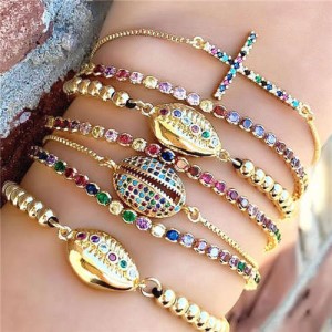 (1 piece) Colorful Cubic Zirconia Inlaid Seashell and Cross Elements 18K Gold Plated Fine Jewelry Type Fashion Bracelet