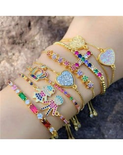 Colorful Cubic Zirconia Inlaid Kids Heart and Cross 18K Gold Plated Fine Jewelry Type Bracelets