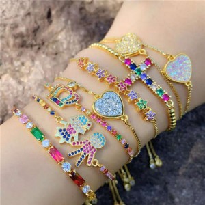 (1 piece) Colorful Cubic Zirconia Inlaid Kids Heart and Cross 18K Gold Plated Fine Jewelry Type Bracelet