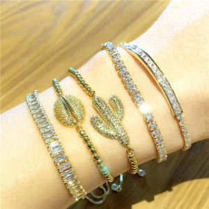 (1 piece) Colorful Cubic Zirconia Inlaid Cactus and Seashell 18K Gold Plated Fine Jewelry Type Bracelet