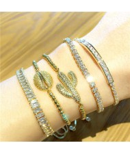 (1 piece) Colorful Cubic Zirconia Inlaid Cactus and Seashell 18K Gold Plated Fine Jewelry Type Bracelet
