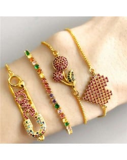 Colorful Cubic Zirconia Inlaid Paper Clip and Heart 18K Gold Plated Fine Jewelry Type Bracelets