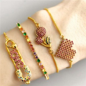 (1 piece) Colorful Cubic Zirconia Inlaid Paper Clip and Heart 18K Gold Plated Fine Jewelry Type Bracelet