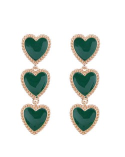 Triple Hearts Dangling Design Women Costume Alloy Earrings - Green