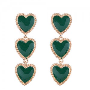 Triple Hearts Dangling Design Women Costume Alloy Earrings - Green