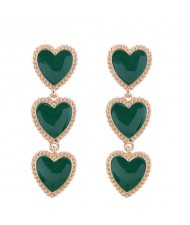 Triple Hearts Dangling Design Women Costume Alloy Earrings - Green