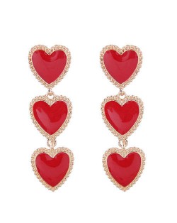 Triple Hearts Dangling Design Women Costume Alloy Earrings - Red