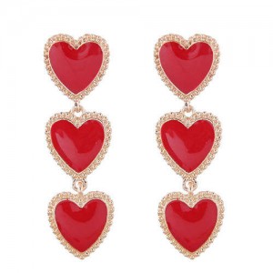 Triple Hearts Dangling Design Women Costume Alloy Earrings - Red