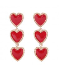 Triple Hearts Dangling Design Women Costume Alloy Earrings - Red