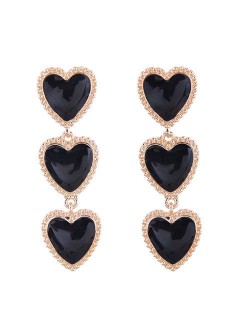 Triple Hearts Dangling Design Women Costume Alloy Earrings - Black
