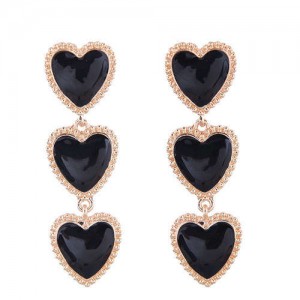 Triple Hearts Dangling Design Women Costume Alloy Earrings - Black