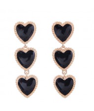 Triple Hearts Dangling Design Women Costume Alloy Earrings - Black
