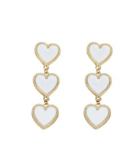 Triple Hearts Dangling Design Women Costume Alloy Earrings - White