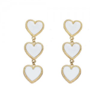 Triple Hearts Dangling Design Women Costume Alloy Earrings - White