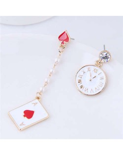 Clock and Poker Asymmetric Design High Fashion Women Statement Earrings - White