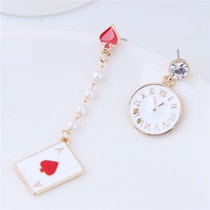 Clock and Poker Asymmetric Design High Fashion Women Statement Earrings - White