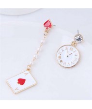 Clock and Poker Asymmetric Design High Fashion Women Statement Earrings - White
