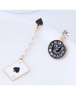 Clock and Poker Asymmetric Design High Fashion Women Statement Earrings - Black