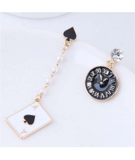 Clock and Poker Asymmetric Design High Fashion Women Statement Earrings - Black