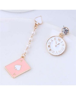 Clock and Poker Asymmetric Design High Fashion Women Statement Earrings - Pink