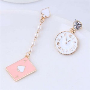 Clock and Poker Asymmetric Design High Fashion Women Statement Earrings - Pink