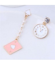 Clock and Poker Asymmetric Design High Fashion Women Statement Earrings - Pink