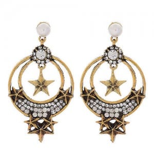 Vintage Design Rhinestone Embellished Star Inlaid Hoop Fashion Women Earrings