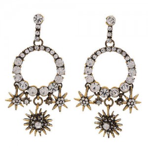 Rhinestone Inlaid Dangling Hoop with Flowers Vintage Design Alloy Women Fashion Earrings