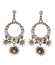 Rhinestone Inlaid Dangling Hoop with Flowers Vintage Design Alloy Women Fashion Earrings